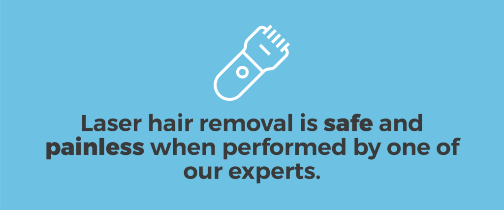 Icon of a laser tool on a blue background with black text that reads, “Laser hair removal is safe and painless when performed by one of our experts.”